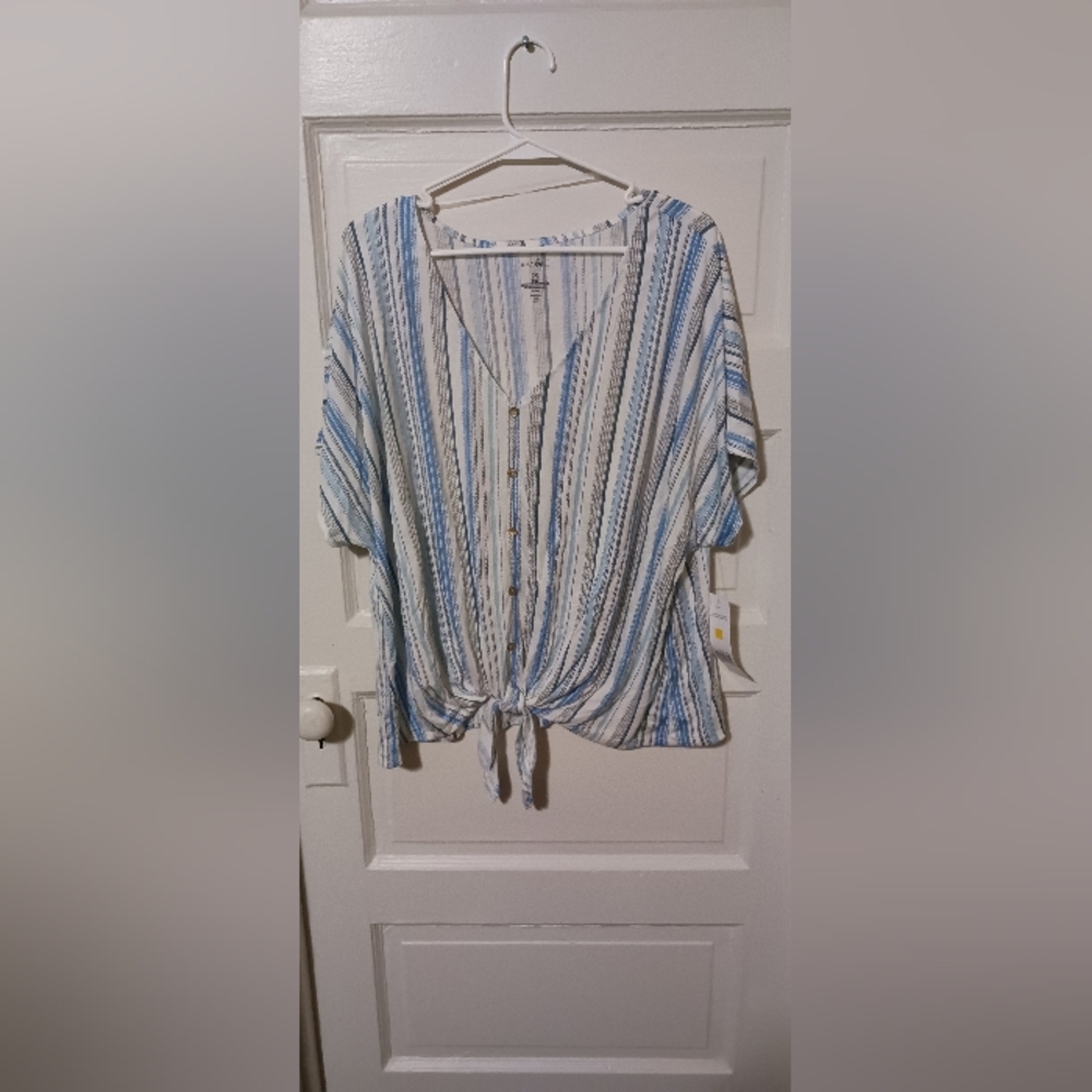 Striped Blue and White Button-Down Women's Top